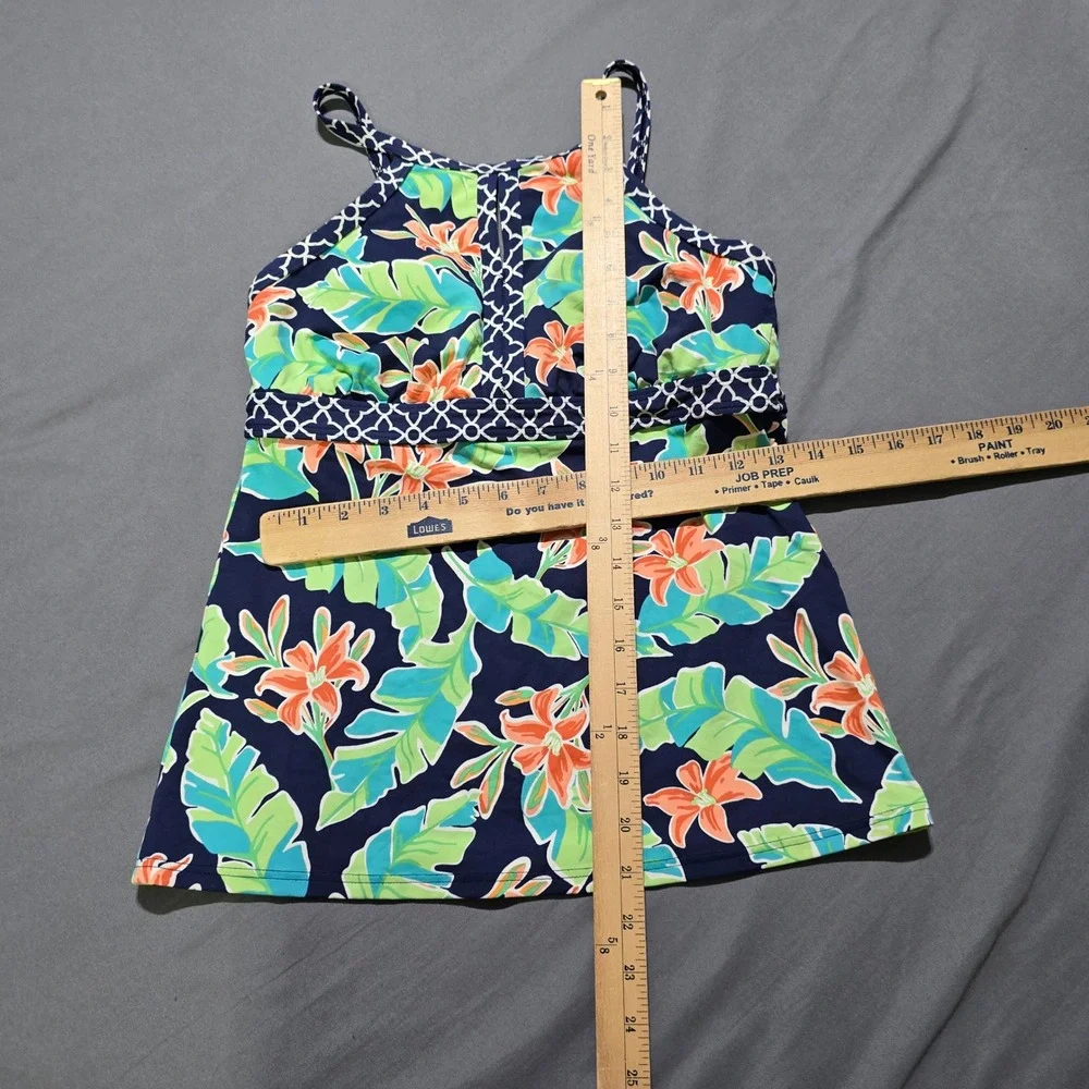 Lands End Tankini Top Womens 4 Navy Blue Floral Tropical High Neck Swimwear